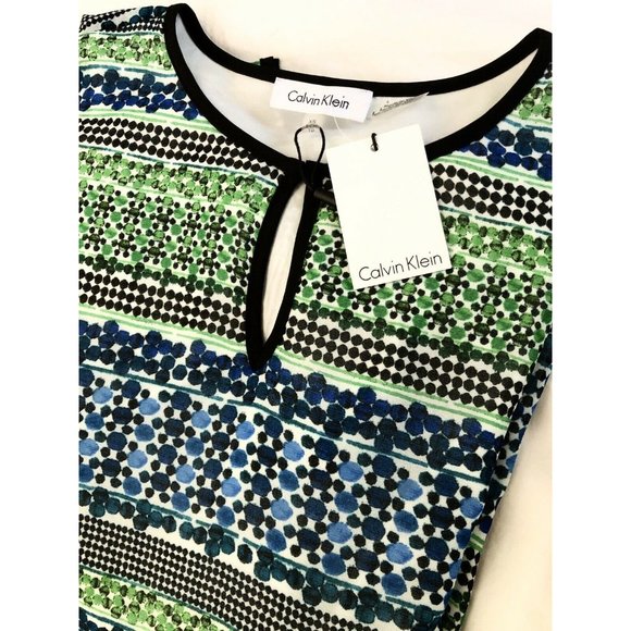 NWT Calvin Klein Chiffon Caftan Blouse XS Green Blue Geometric Tunic Top Keyhole - Picture 10 of 12